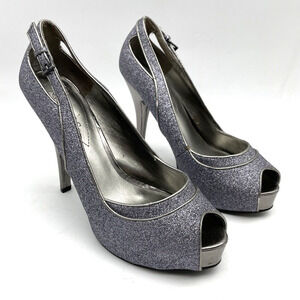 GUESS Silver/Lavender Tint Glitter Buckle Strap Gunmetal Pump Peep Toe Heel 6.5M